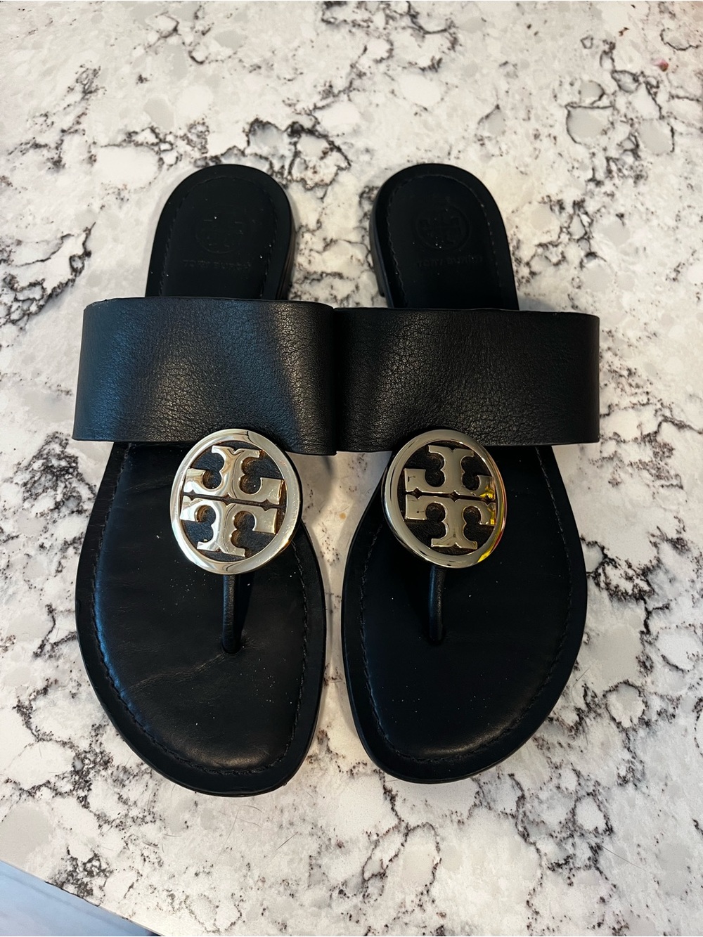 Tory Burch Black Leather Logo Slide Sandals